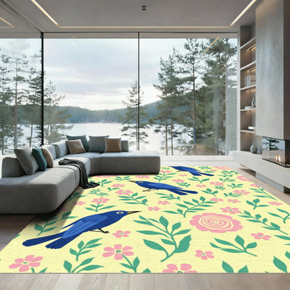 Blue Birds Pink Flowers Yellow Garden Rug