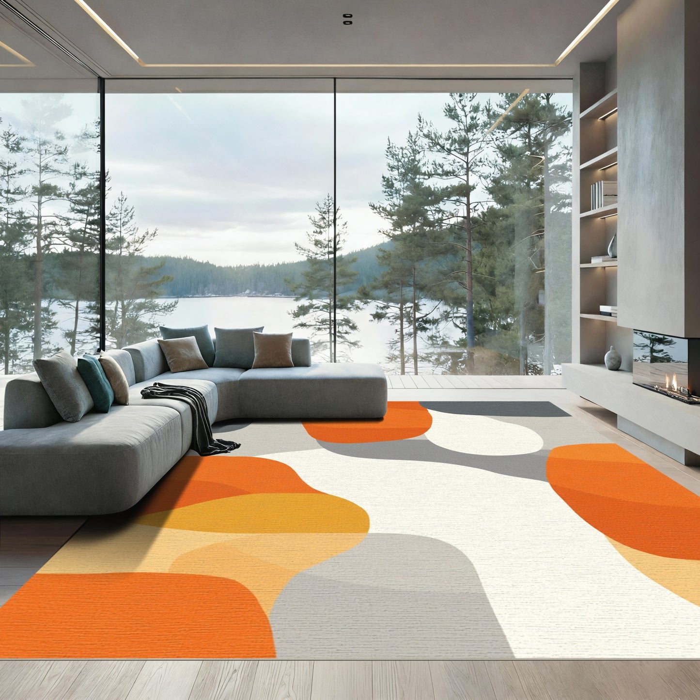 Modern Orange Gray Abstract Shapes Rug