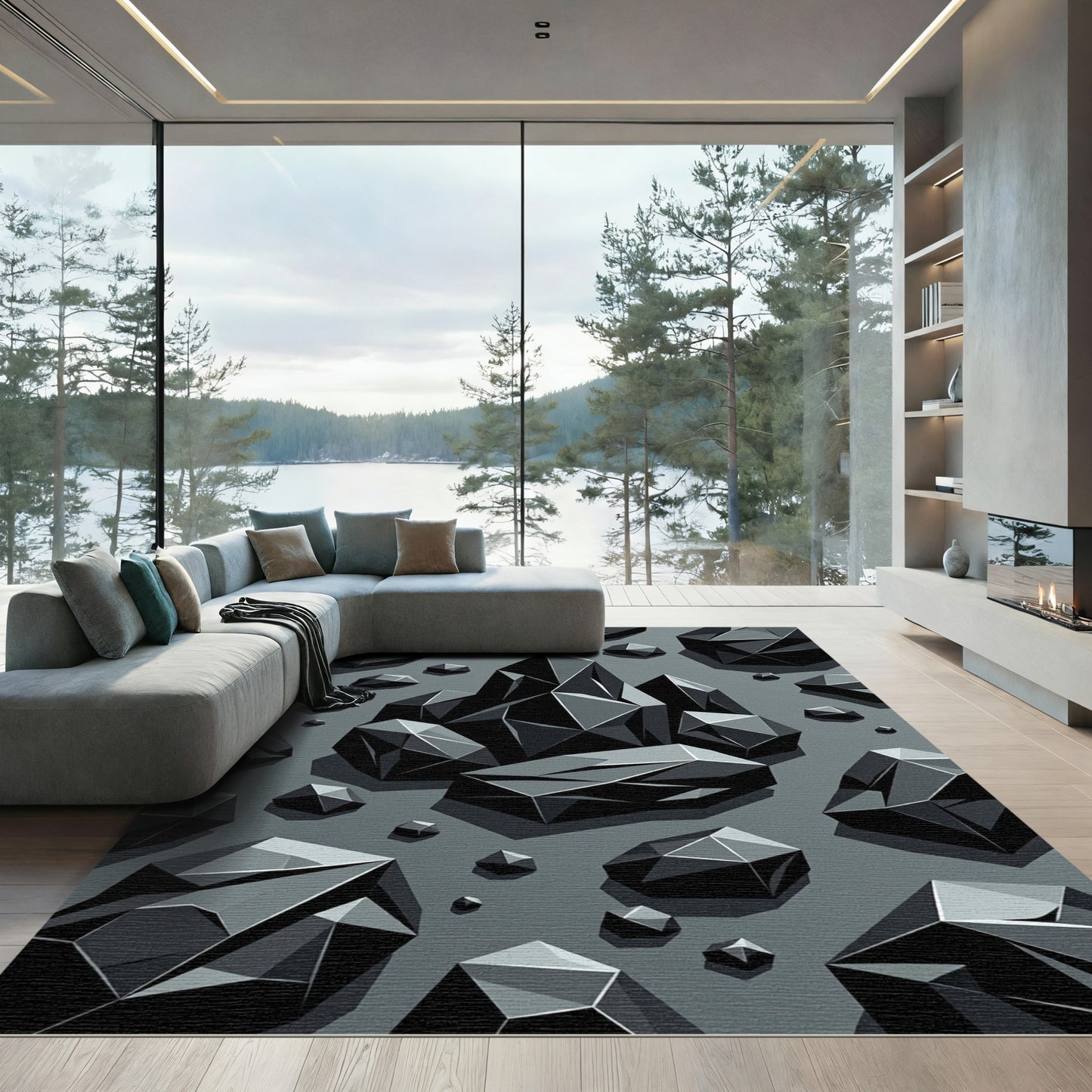 Dark Gray Geometric Crystal Cluster Rug