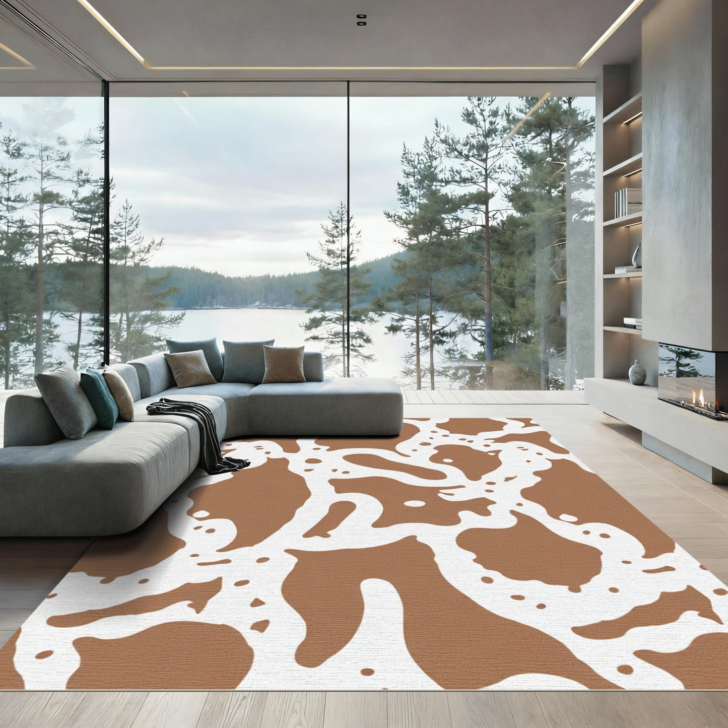 Brown White Abstract Splatter Rug
