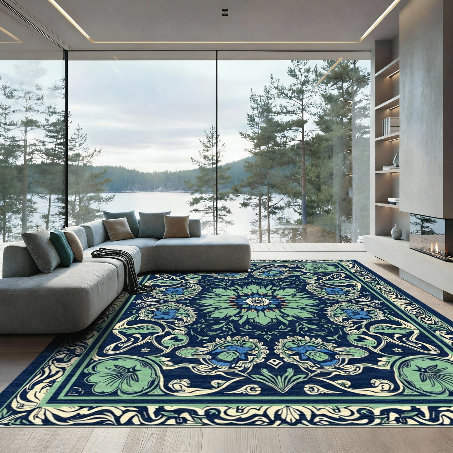 Navy Blue Floral Mandala Art Nouveau Rug