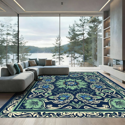 Navy Blue Floral Mandala Art Nouveau Rug