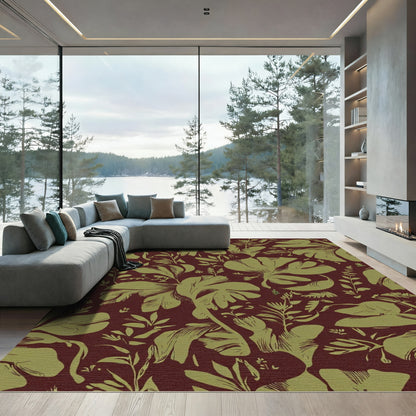 Deep Red Lush Green Botanical Garden Rug