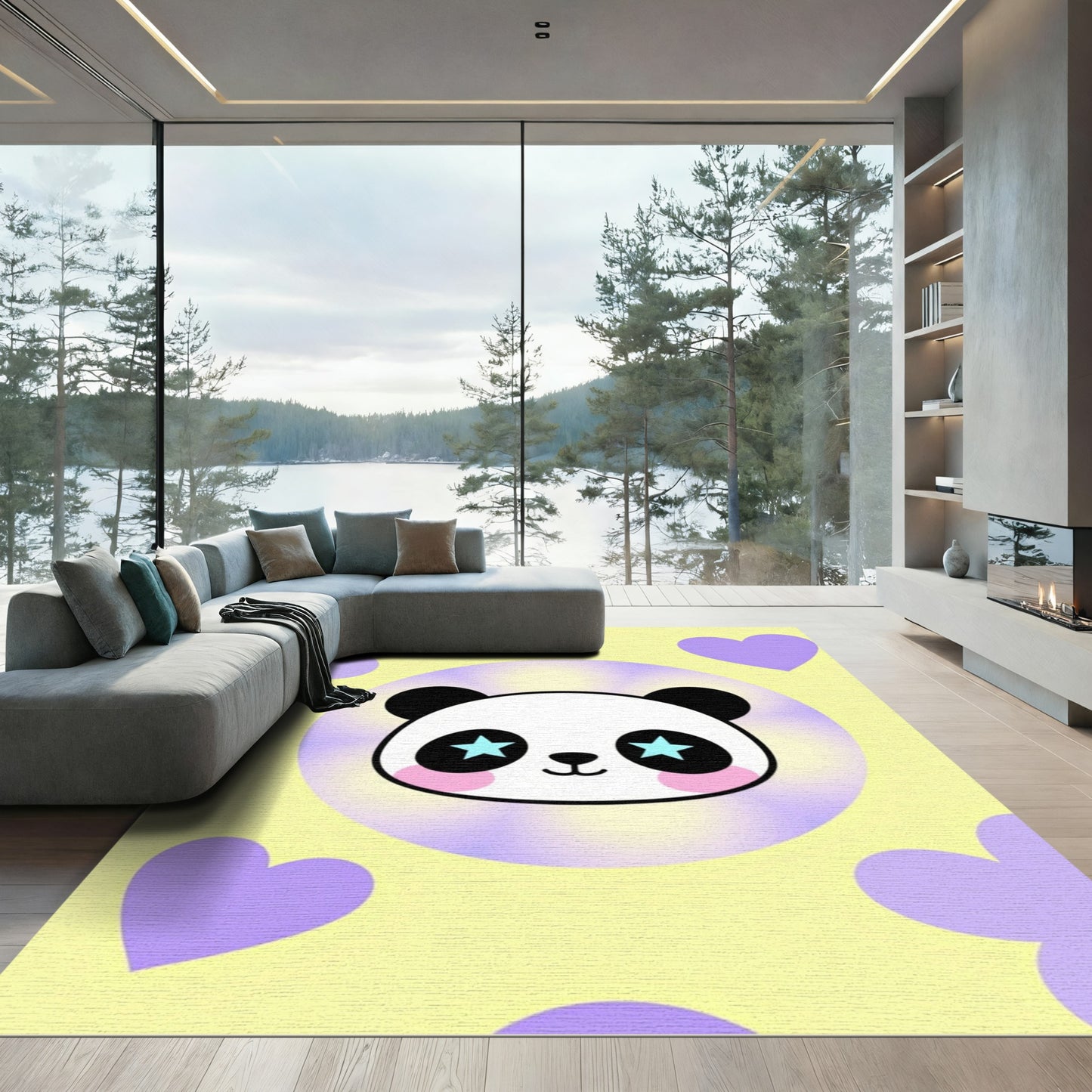 Cute Panda With Star Eyes Hearts Rug