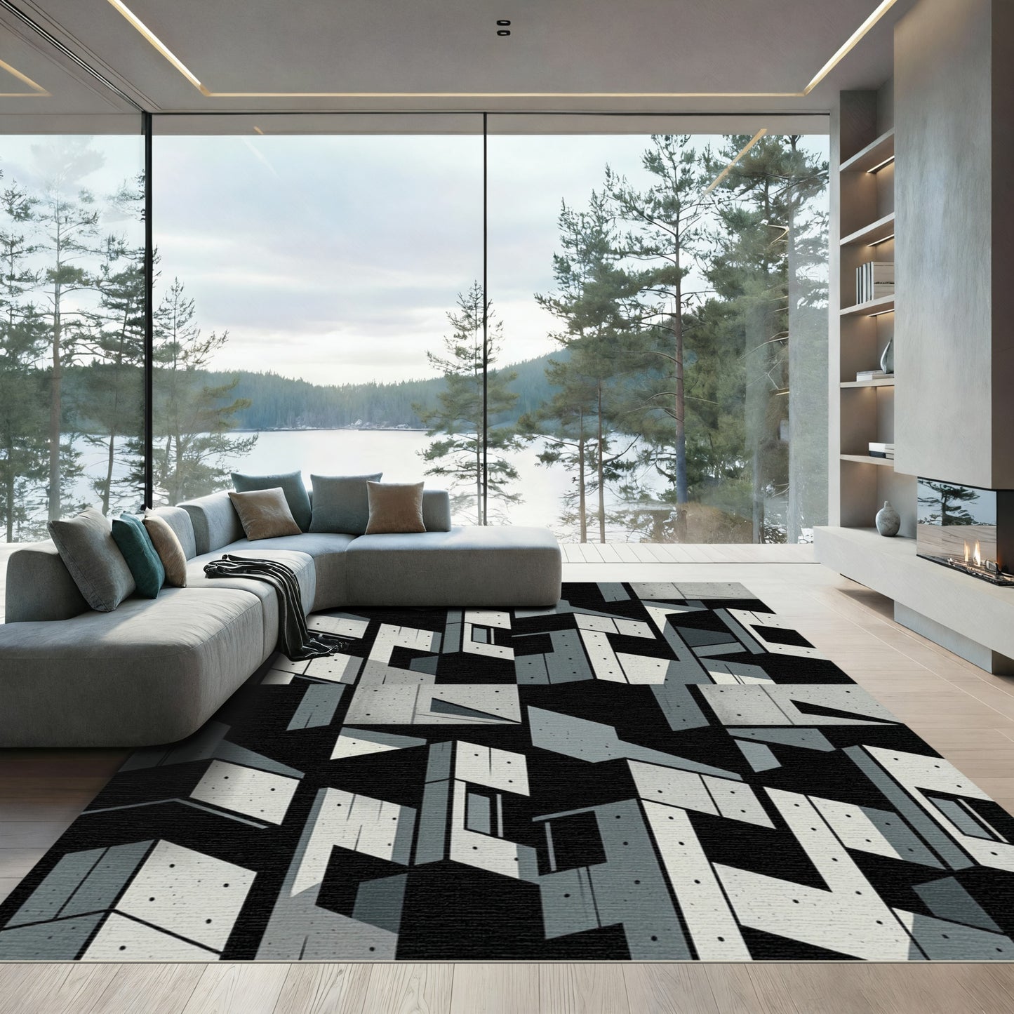 Monochrome Brutalist Concrete Isometric Block Rug
