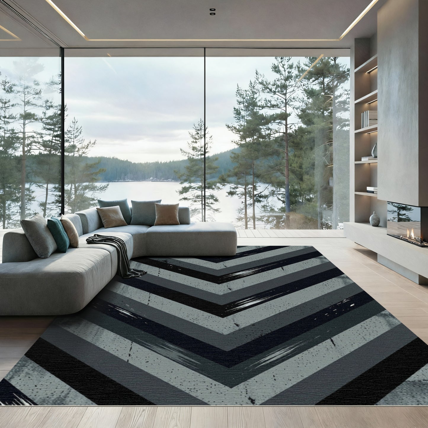 Modern Charcoal Gray Chevron Streak Rug
