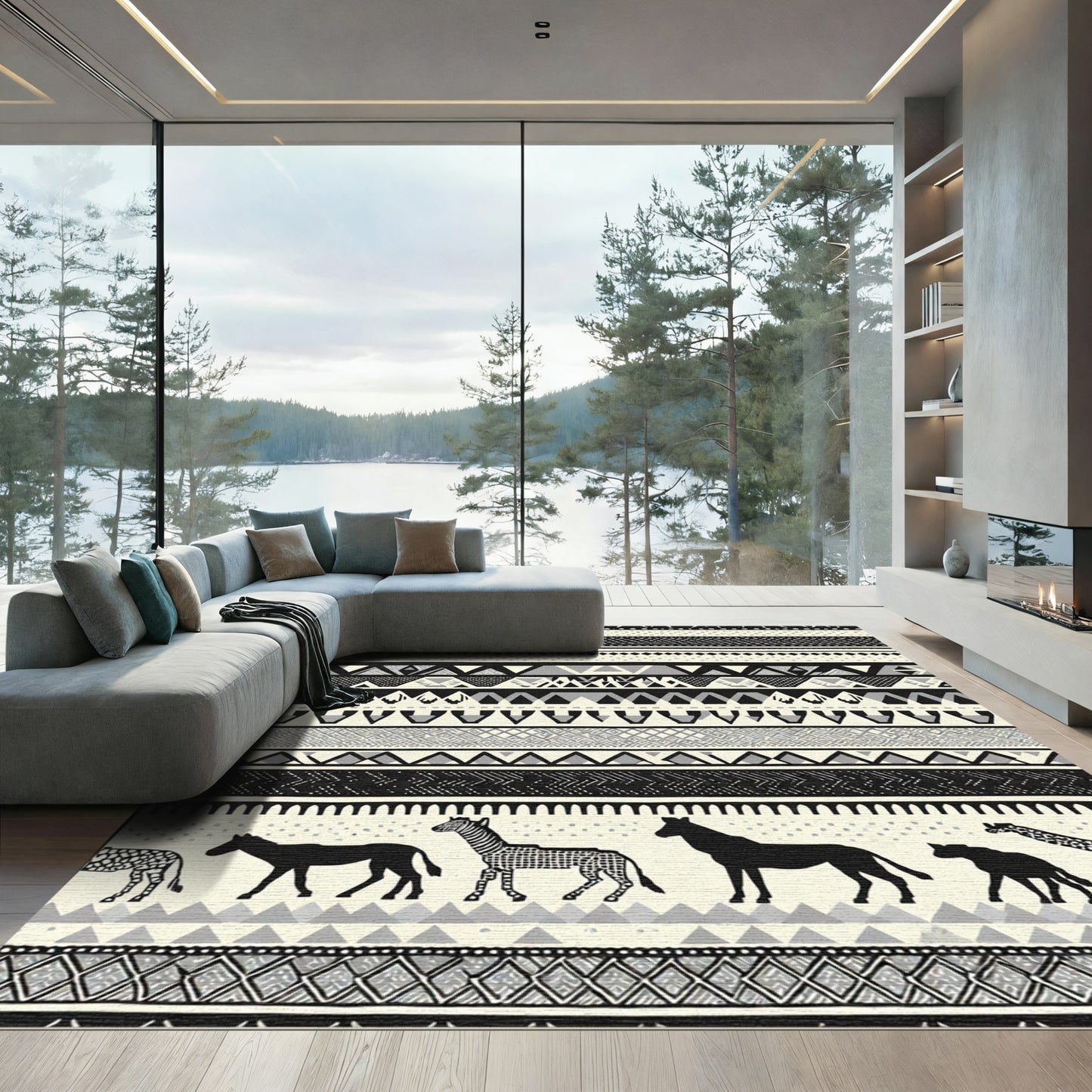 Monochromatic Tribal Animal Geometric Rug