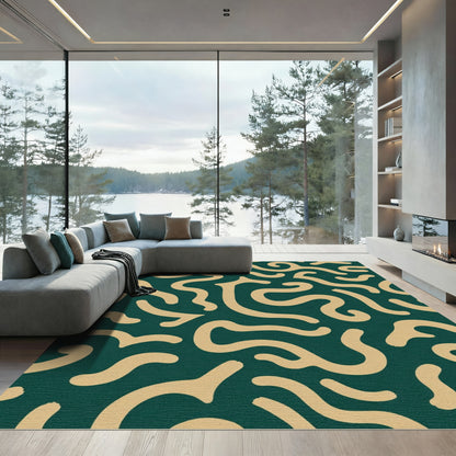 Deep Teal Abstract Swirl Line Rug