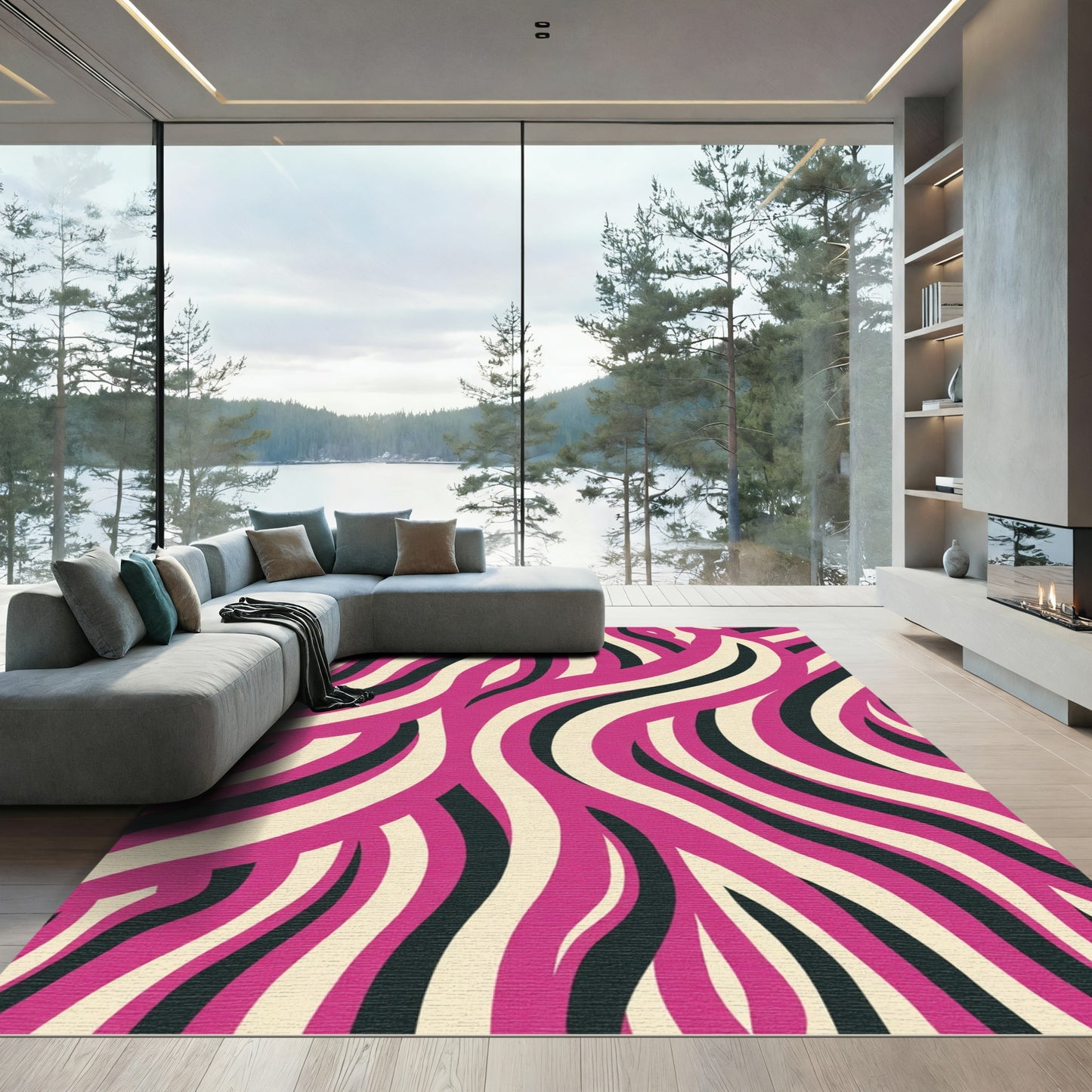 Bold Pink Ivory Swirling Lines Rug