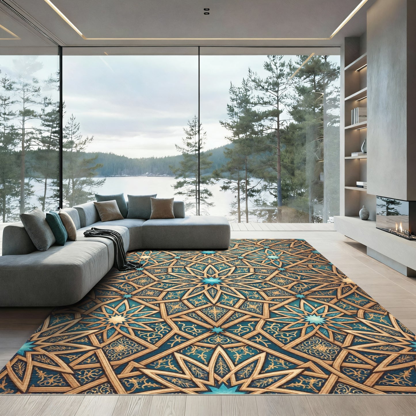 Intricate Teal Gold Geometric Star Layer Rug