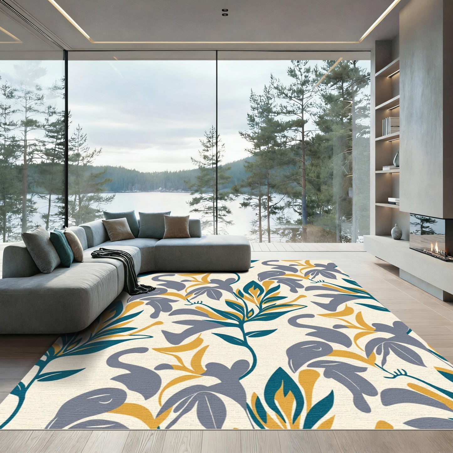 Abstract Floral Blue Yellow Composition Rug