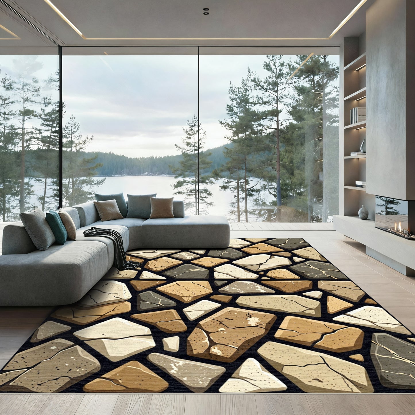 Modern Earthy Tonal Cobblestone Mosaic Rug