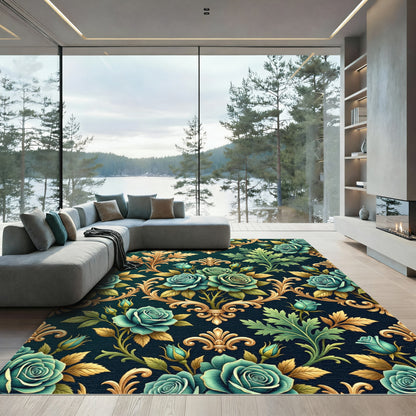 Teal Rose Baroque Gold Scroll Rug