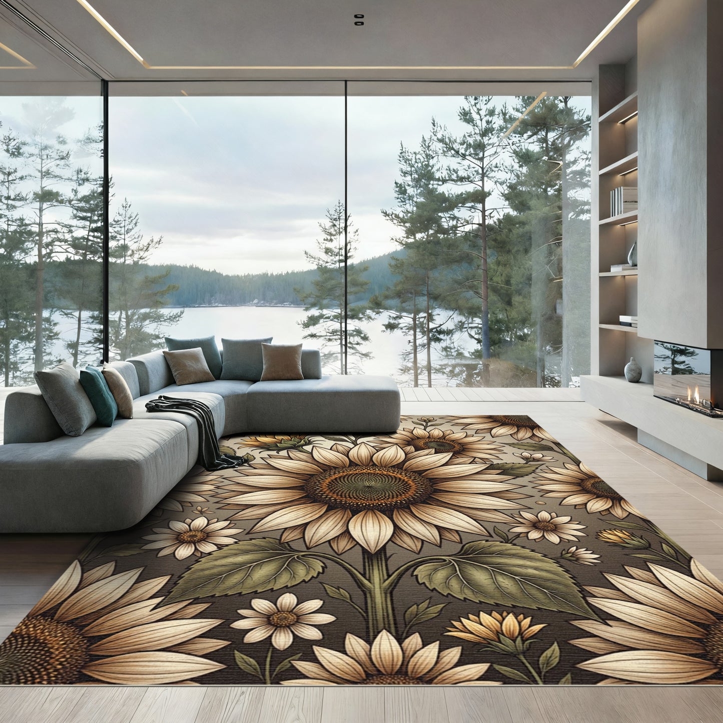 Vintage Sunflowers Botanical Sepia Illustration Rug