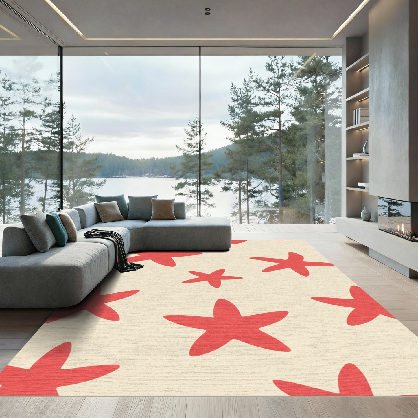 Red Starfish Cream Field Rug