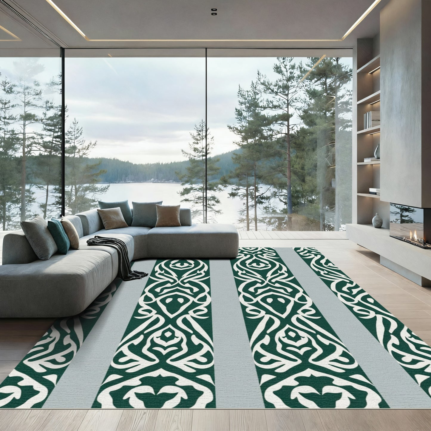 Elegant Teal White Cursive Stripe Rug