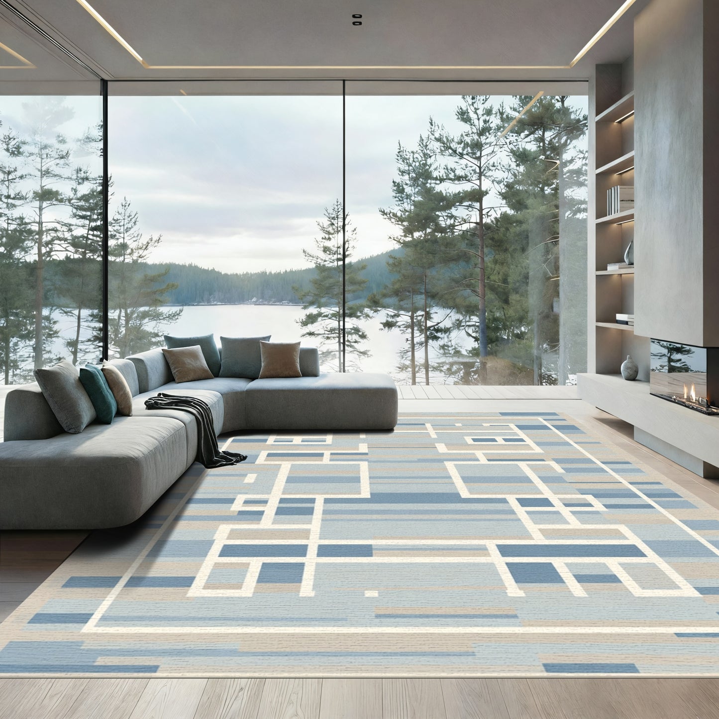 Soft Blue Linear Geometric Layout Rug