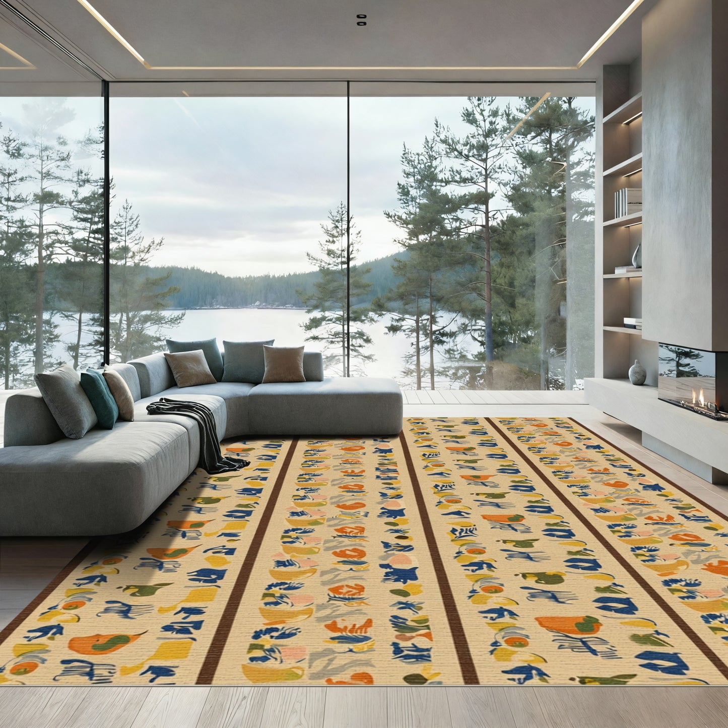 Abstract Ochre Blue Organic Stripe Rug