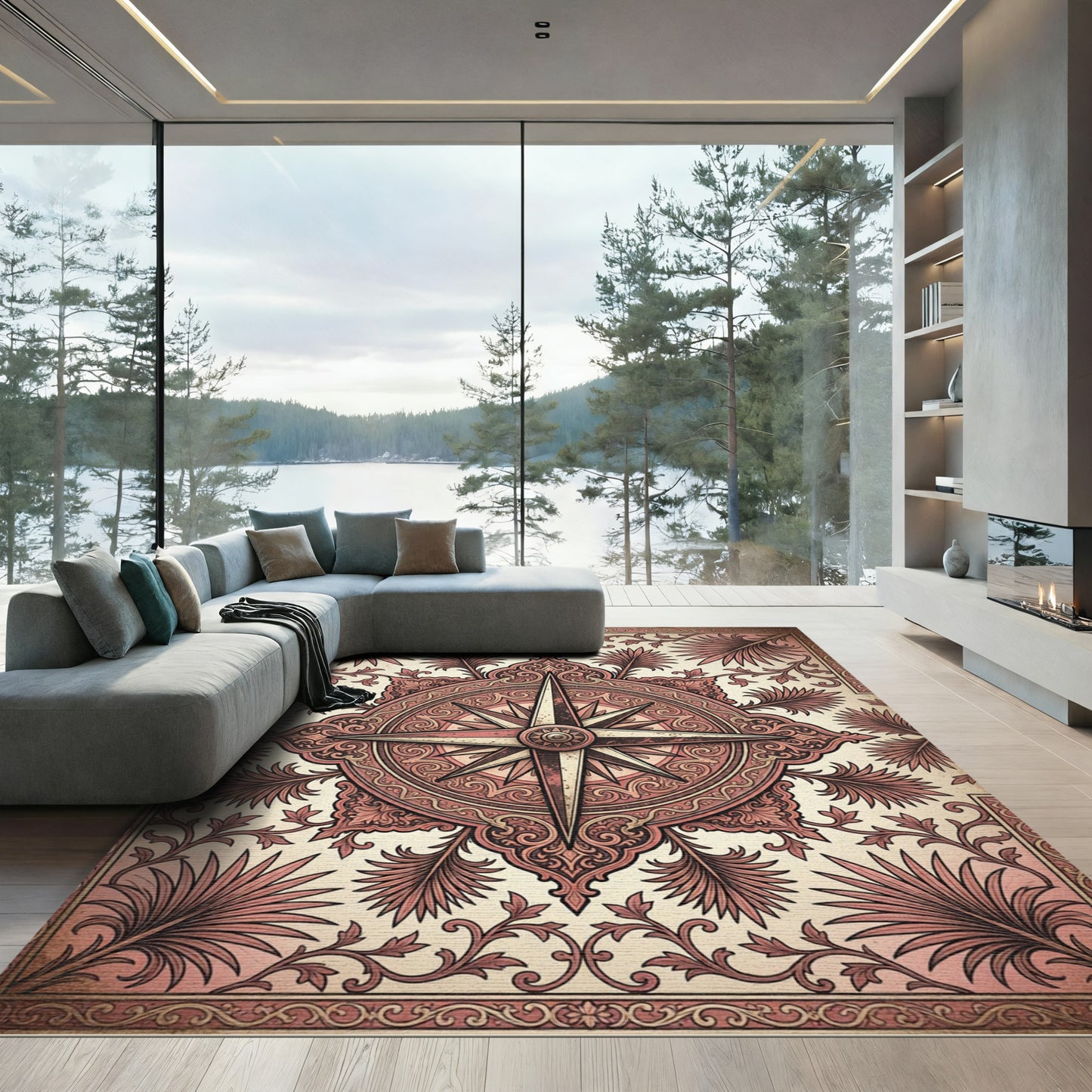 Vintage Rose Compass Floral Medallion Rug