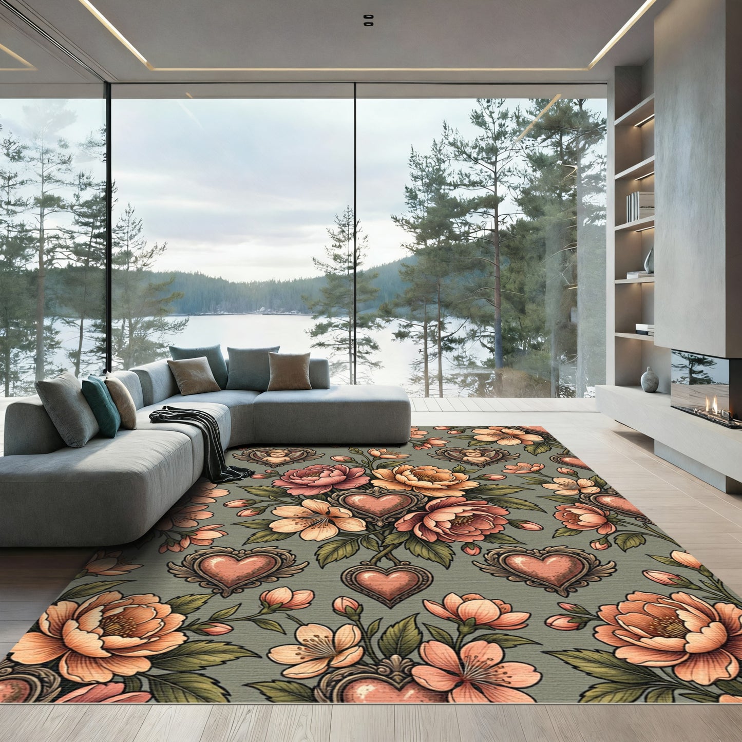Vintage Peachy Pink Floral Heart Rug