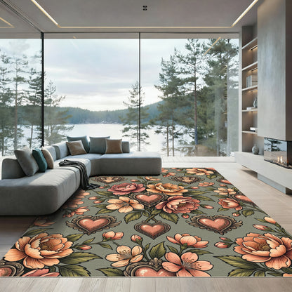 Vintage Peachy Pink Floral Heart Rug