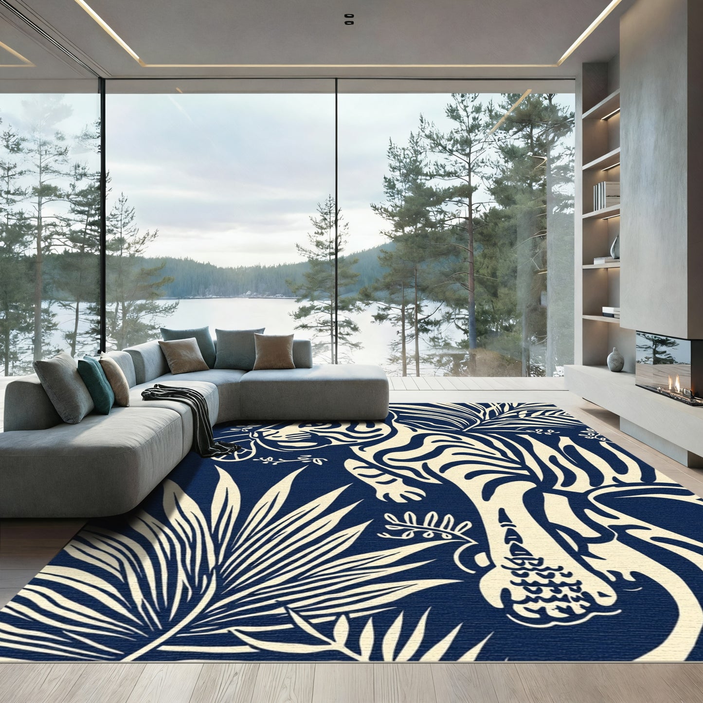 Navy Cream Tiger Jungle Foliage Rug