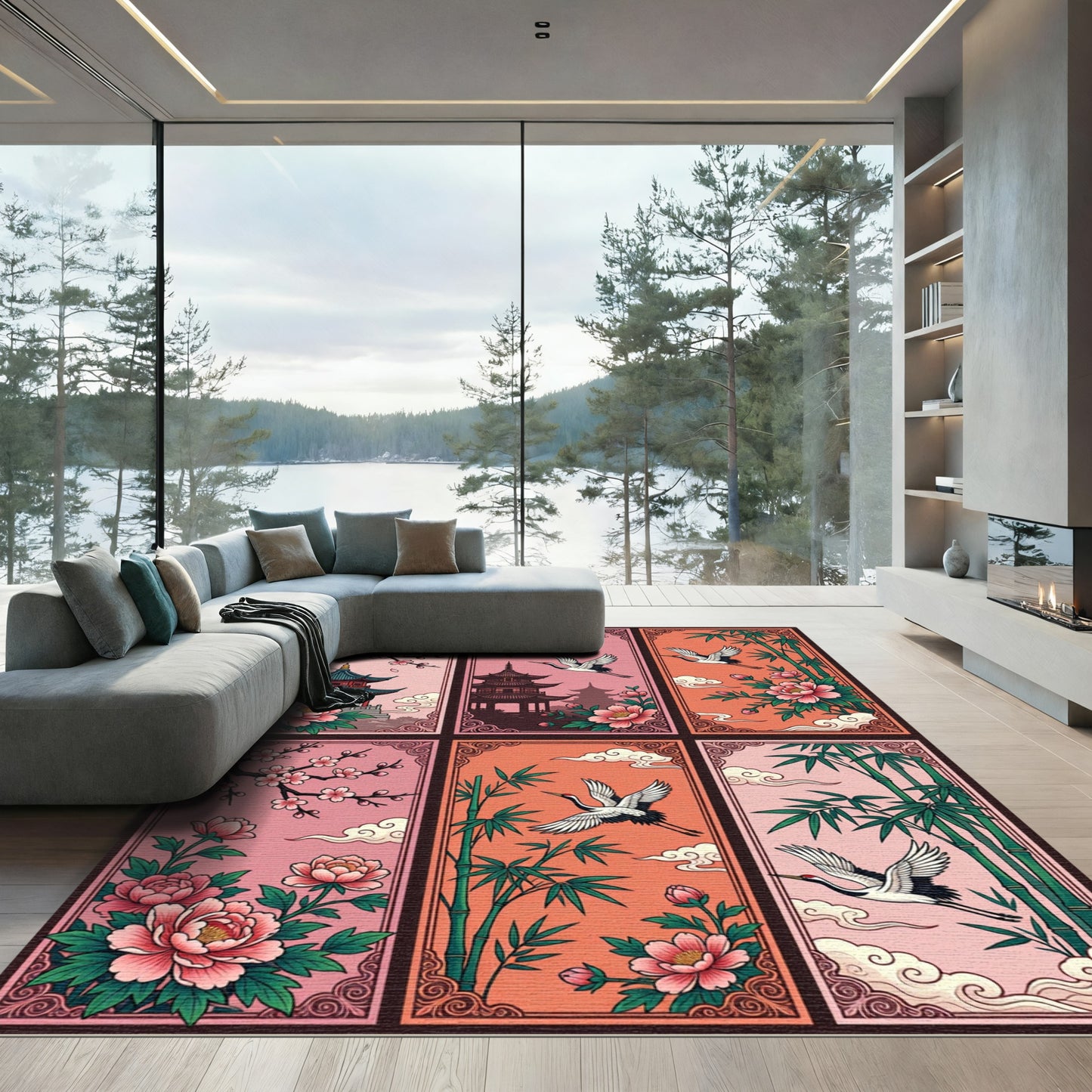 Asian Cranes Cherry Blossoms Pagoda Garden Rug