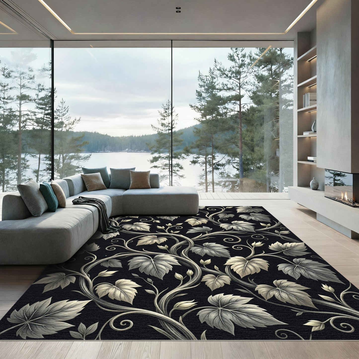Elegant Cream Vine Leaf Tapestry Rug