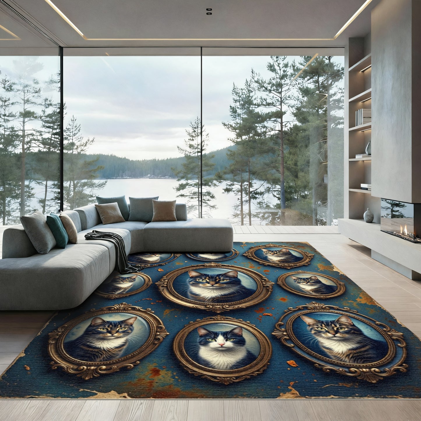 Victorian Feline Portrait Gallery Navy Rug