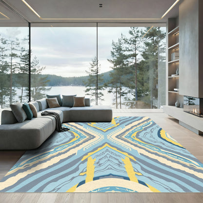 Blue Yellow Abstract Stripe Geometric Rug