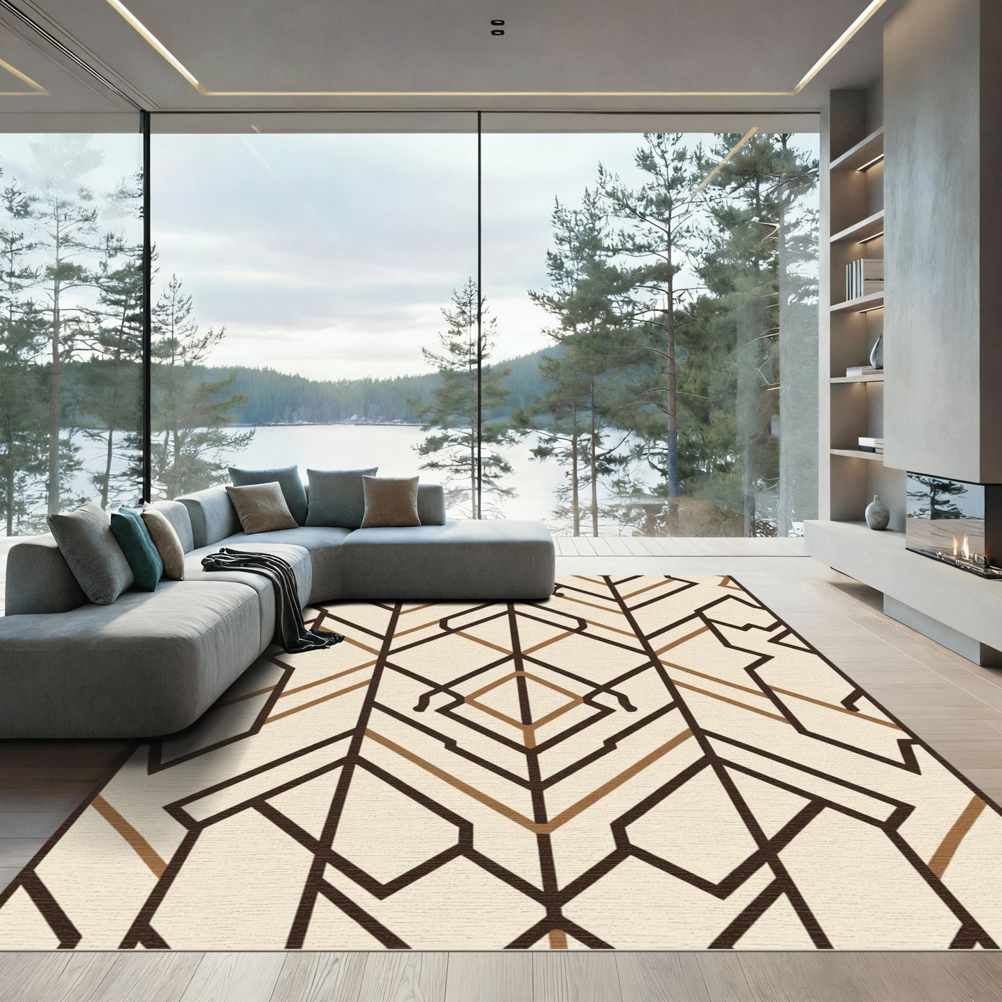 Cream and Brown Geometric Deco Lines Rug