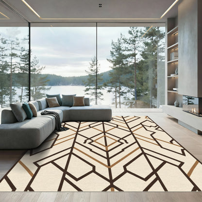 Cream and Brown Geometric Deco Lines Rug