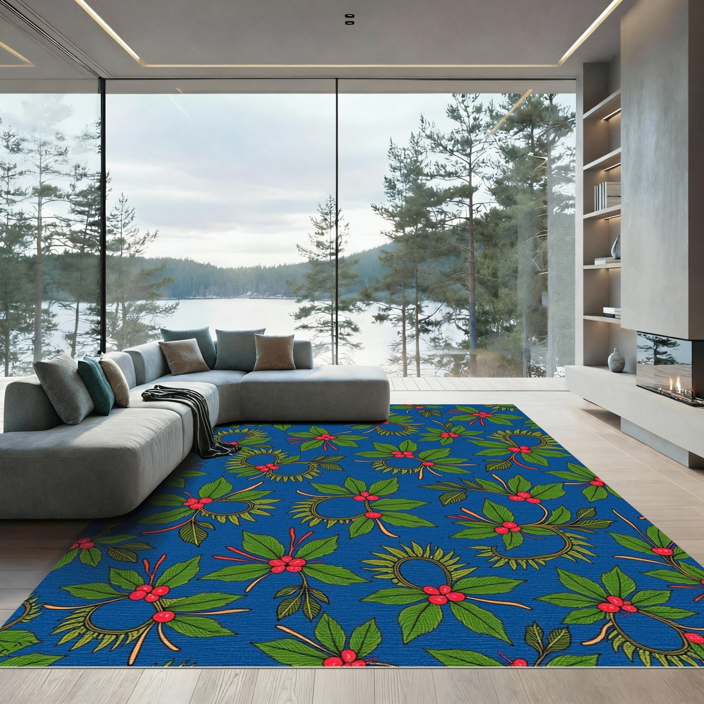Vibrant Blue Holly Berry Garland Rug