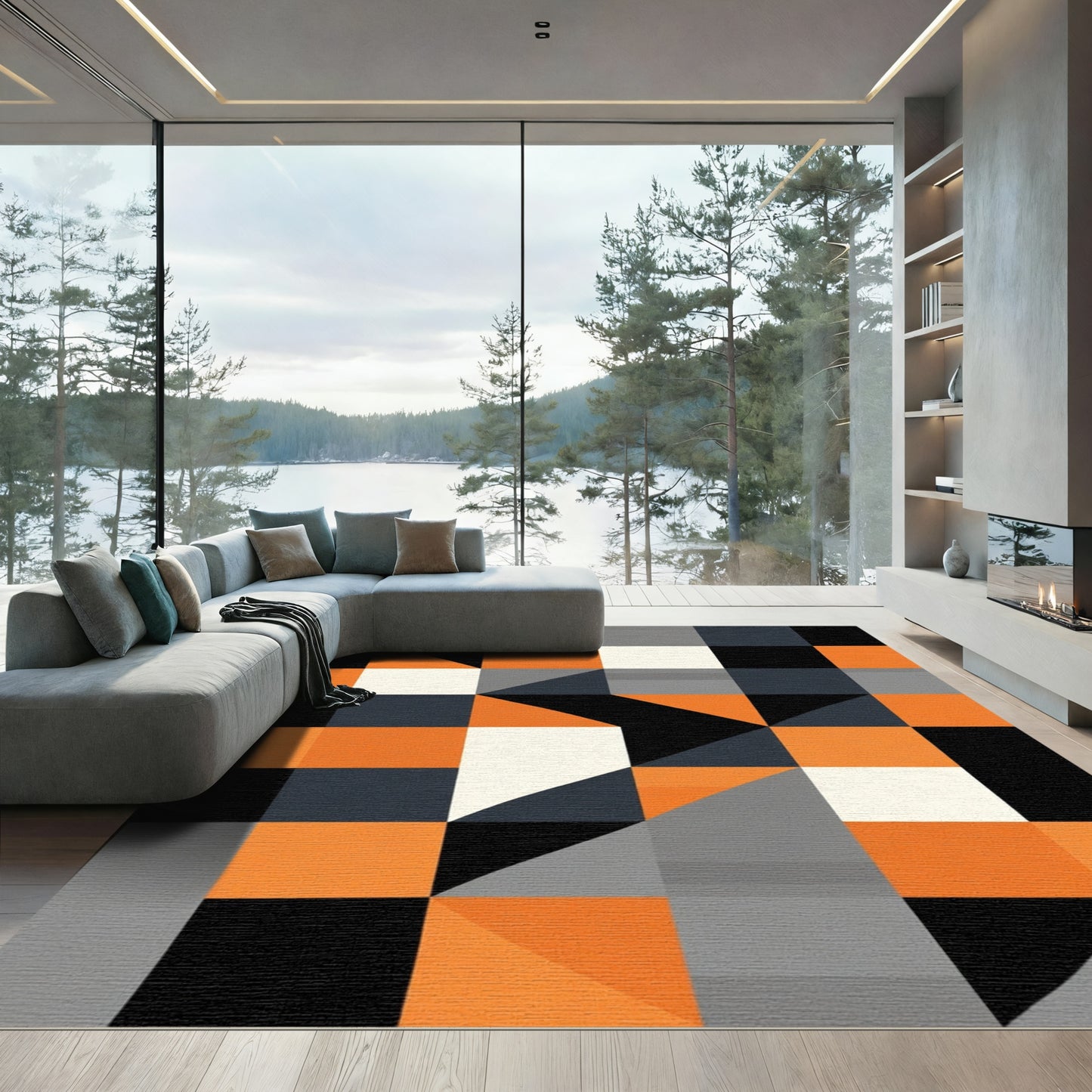 Bold Geometric Squares Orange Gray Black Rug