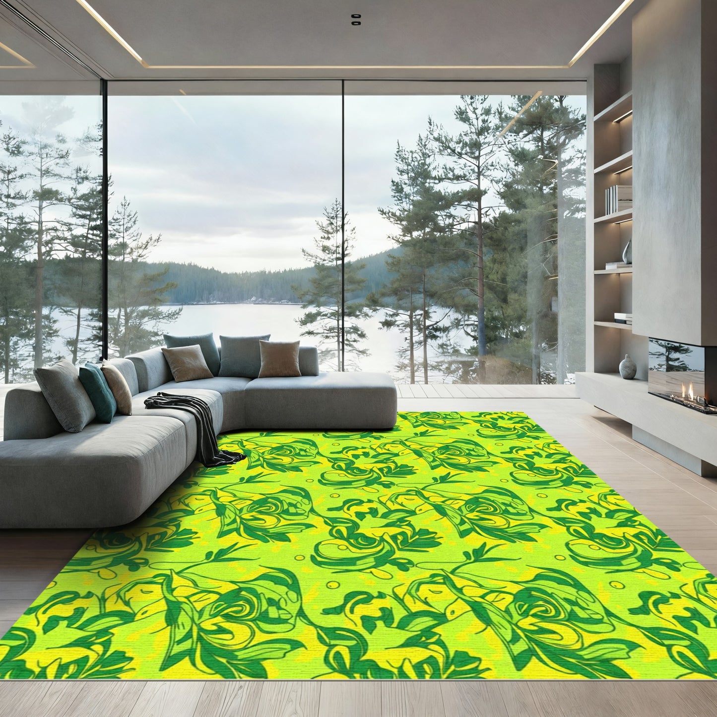 Lime Green Swirling Vine Abstract Rug
