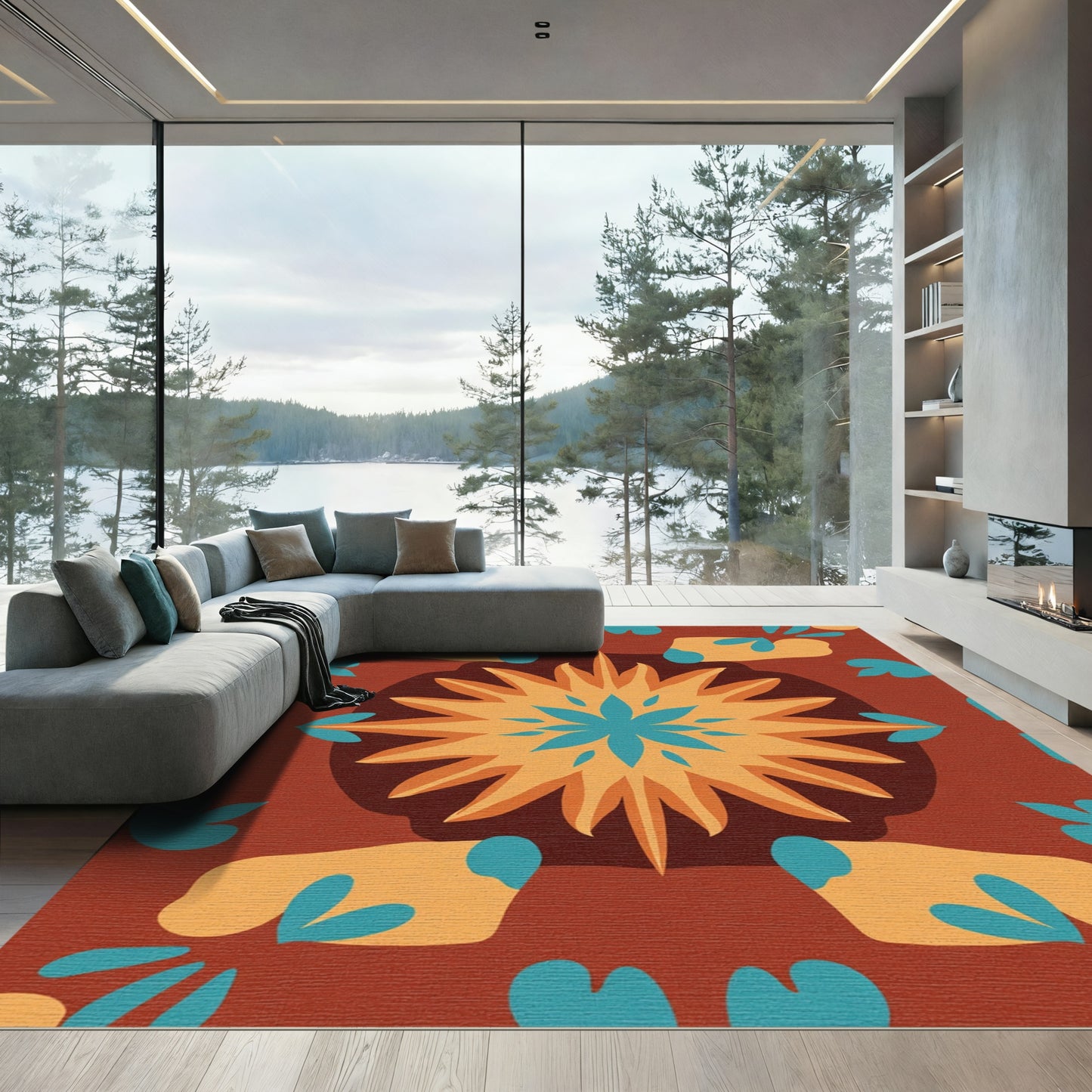 Rich Earthy Sunburst Floral Rug
