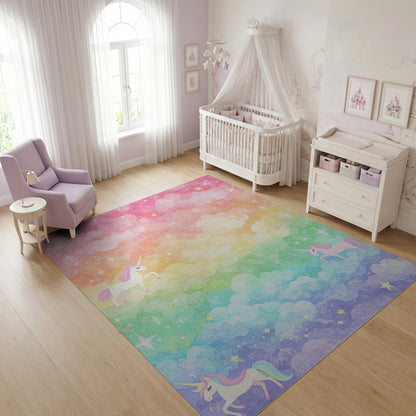 Whimsical Unicorn Rainbow Cloud Stars Rug