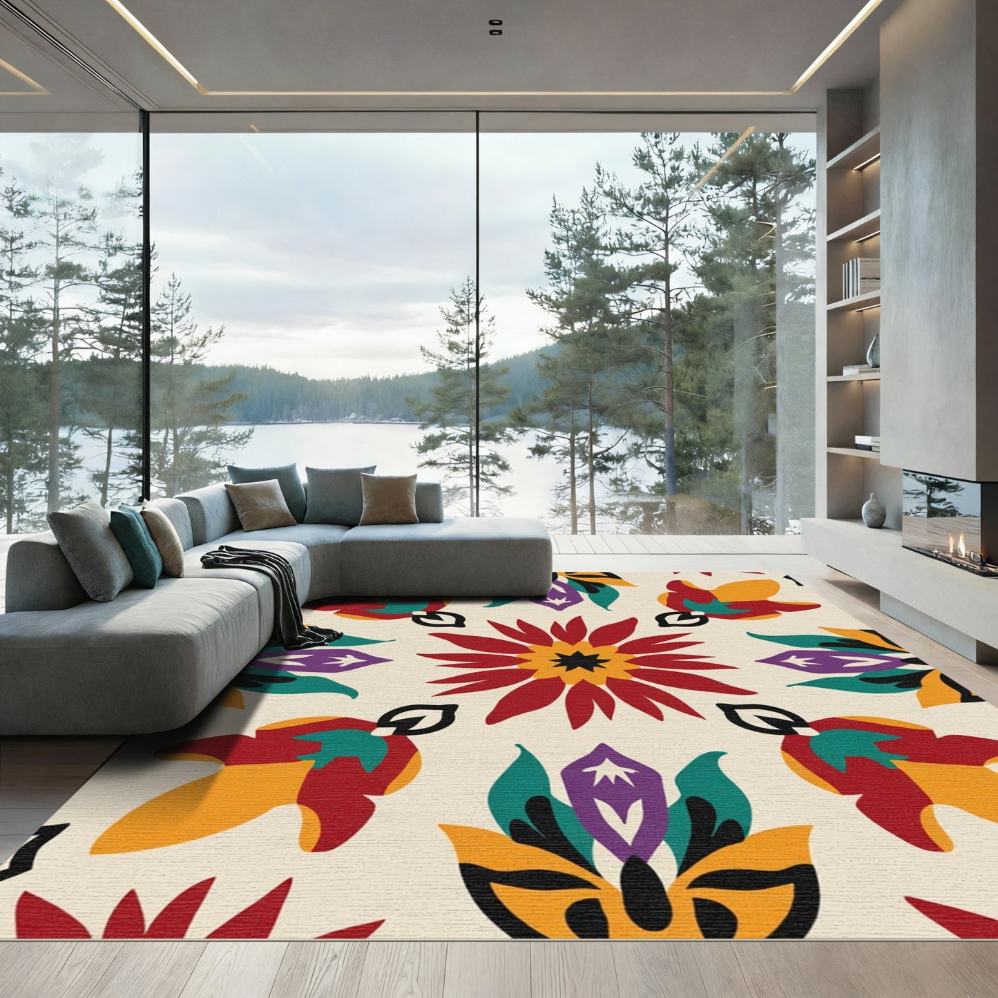 Vibrant Floral Medallion Red Yellow Teal Rug