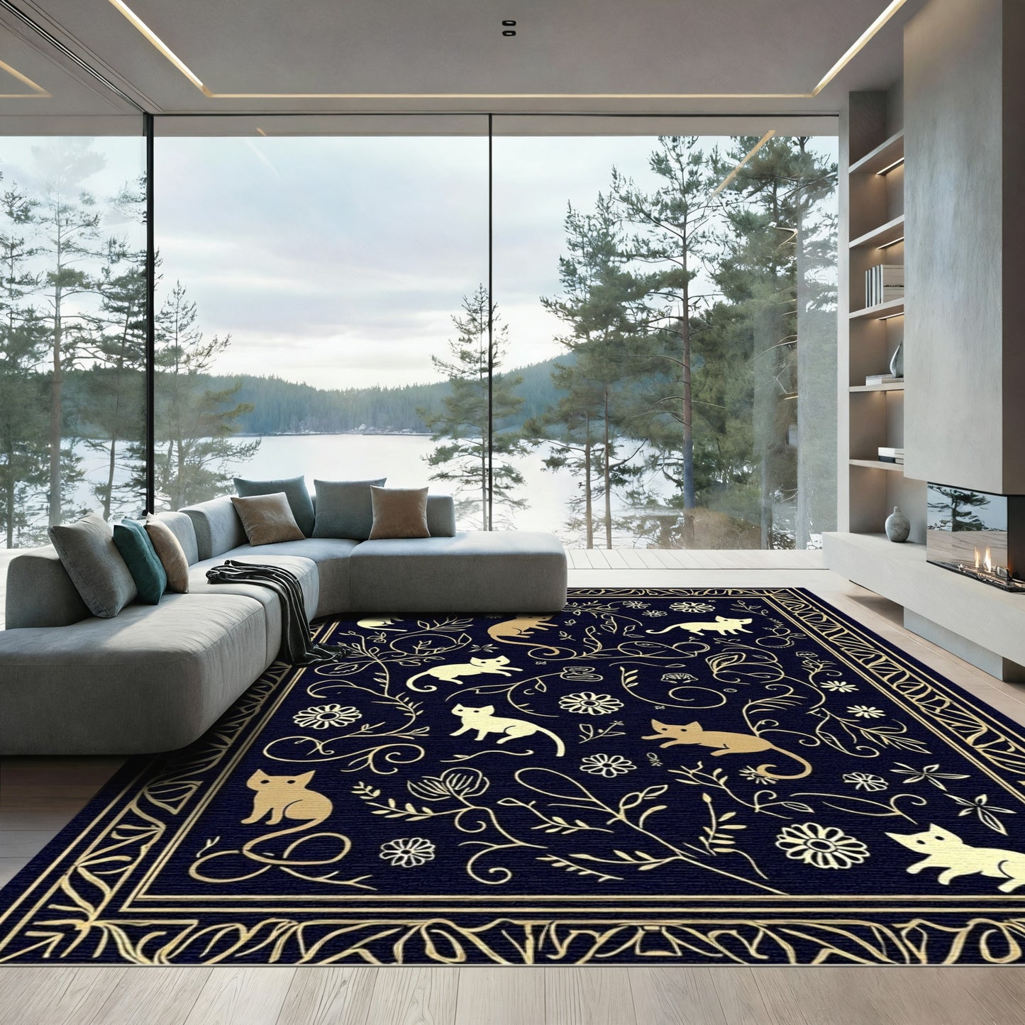 Golden Cats with Floral Scrollwork Rug