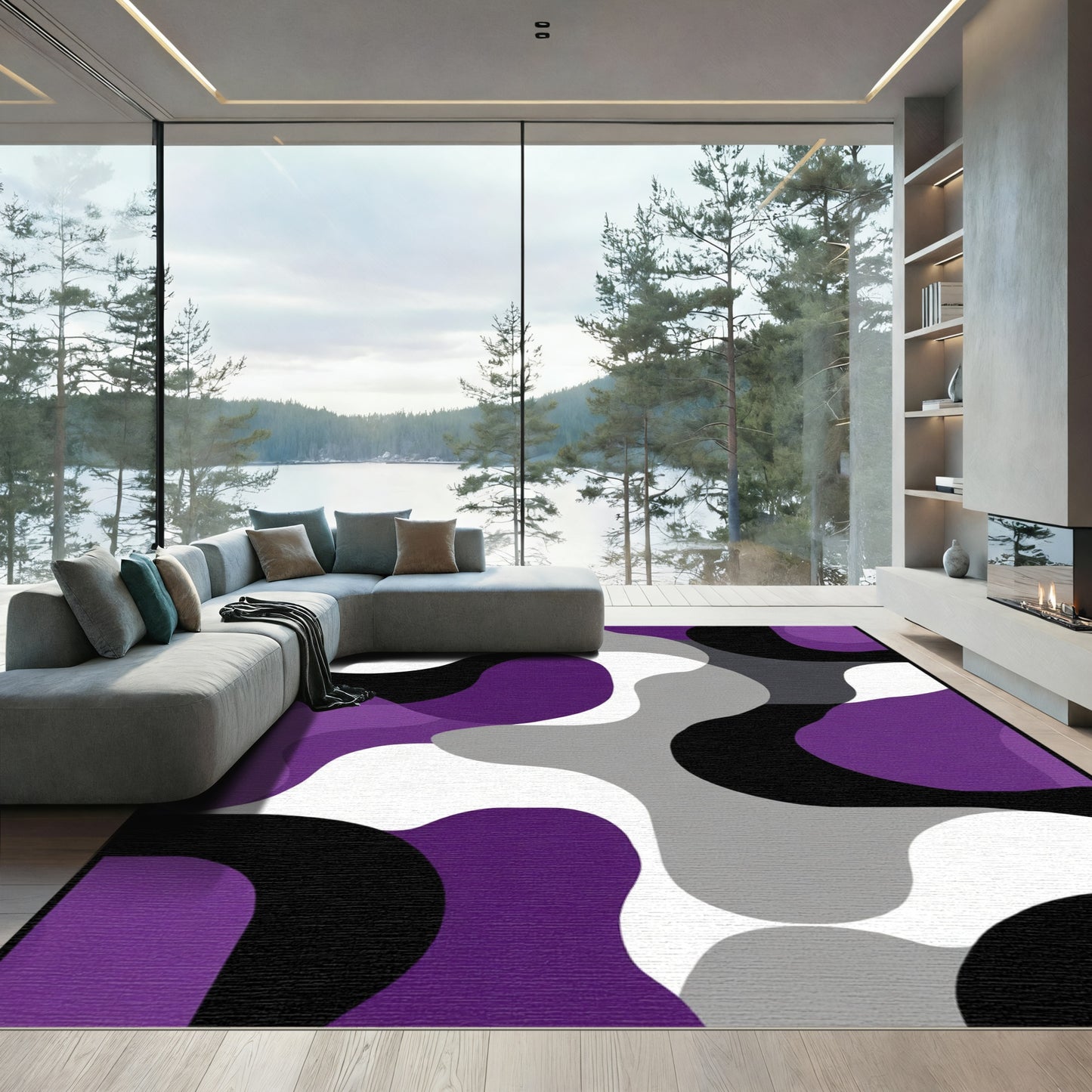 Abstract Purple Black Gray Curves Rug