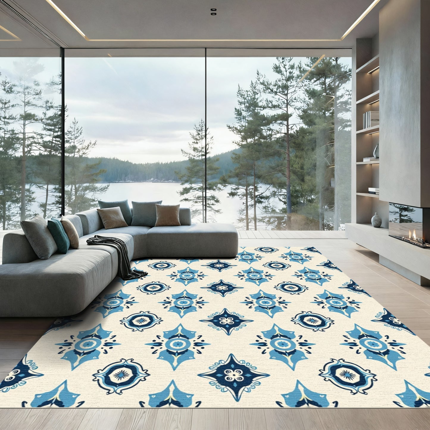 Navy Blue Cream Geometric Medallion Rug
