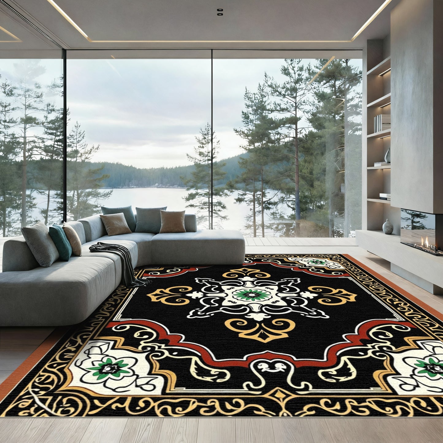 Elaborate Black Floral Medallion Border Rug