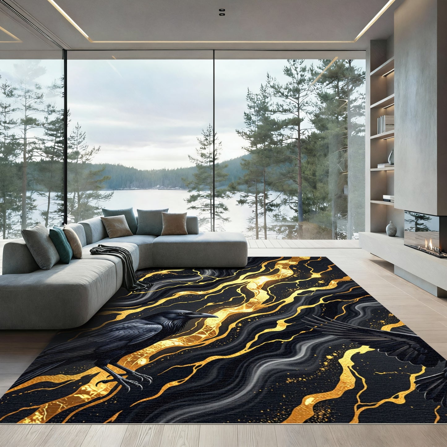 Dark Raven Gold Swirl Flow Rug