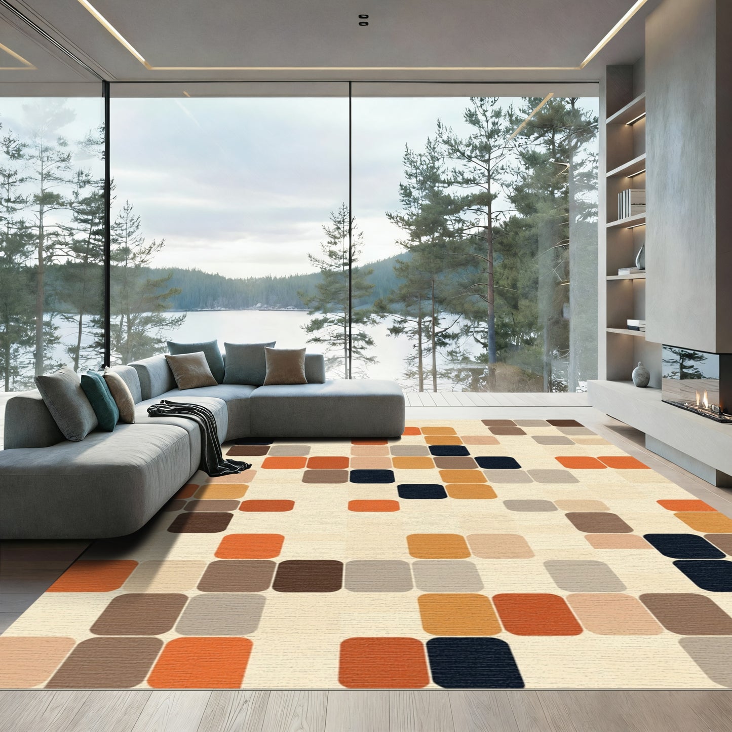 Warm Retro Rounded Pixel Grid Rug
