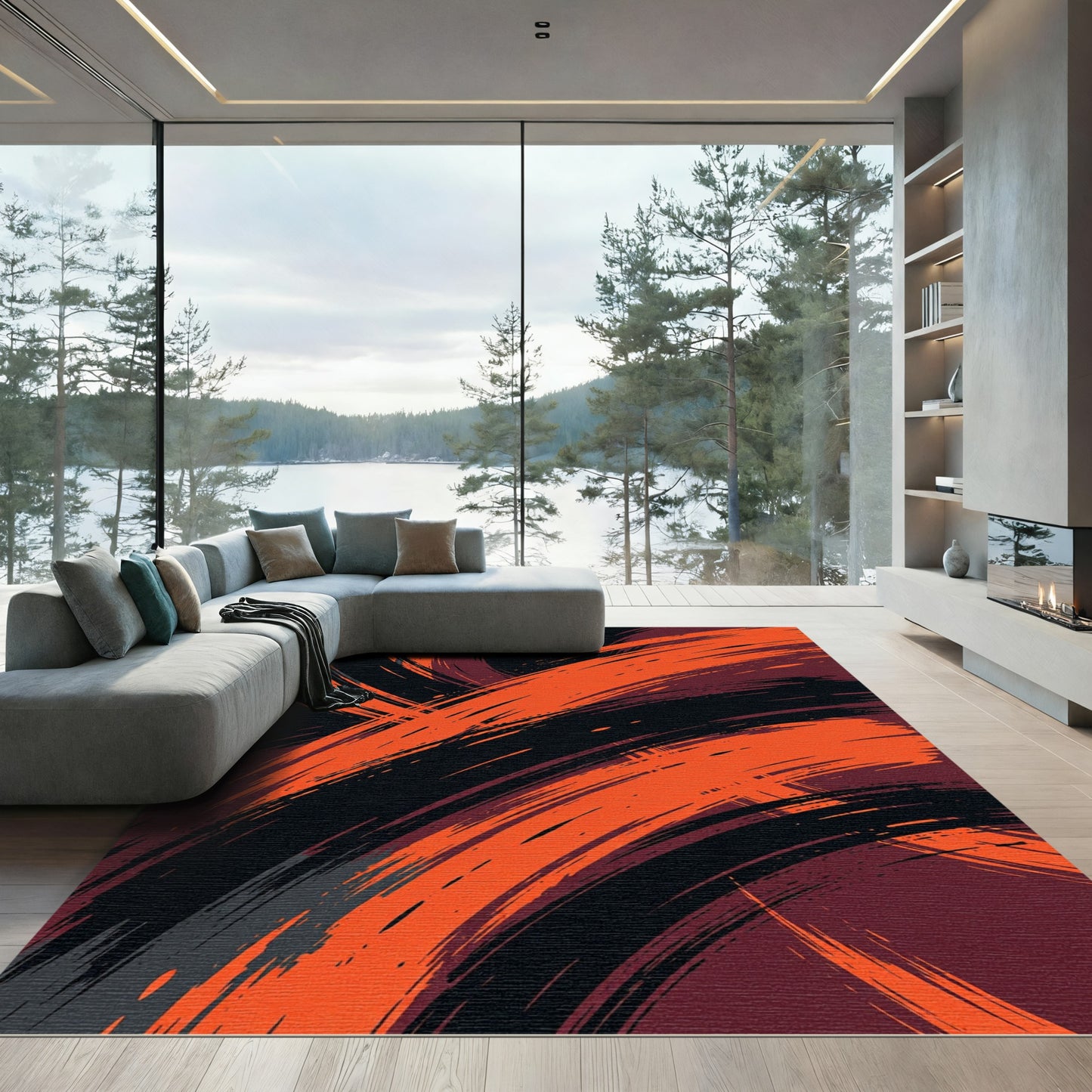 Bold Orange Black Brushstrokes Rug