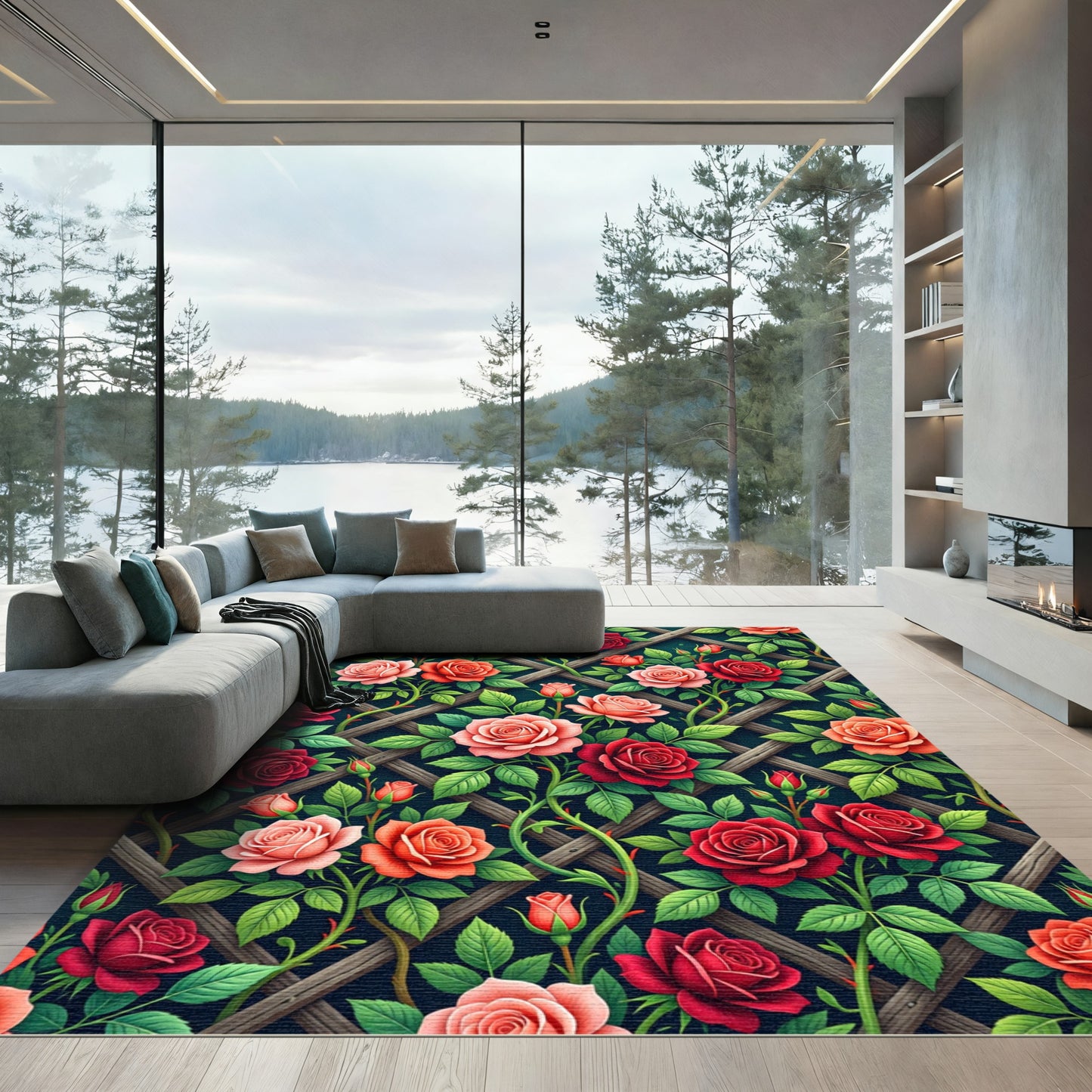 Romantic Crimson and Blush Rose Trellis Rug