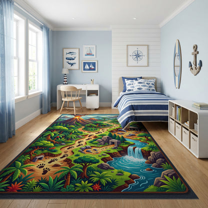 Vibrant Jungle Paw Path Volcano Ruins Rug