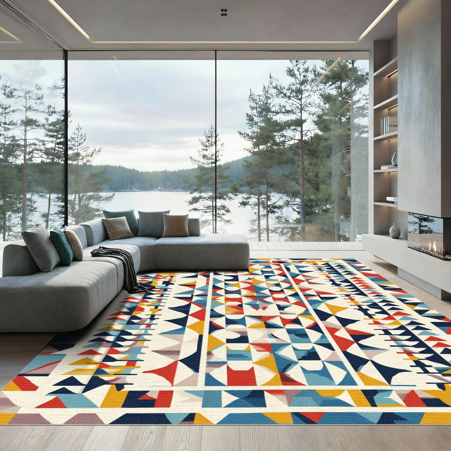 Bold Red Blue Geometric Abstract Arrangement Rug