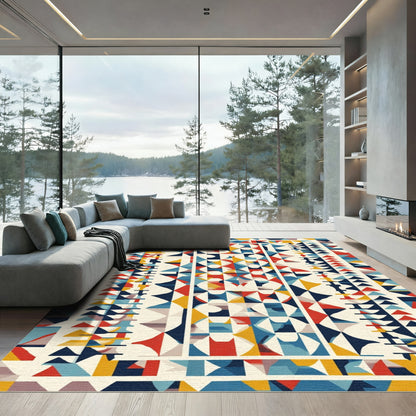 Bold Red Blue Geometric Abstract Arrangement Rug