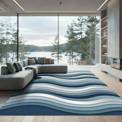 Modern Navy and Slate Wavy Stripe Rug